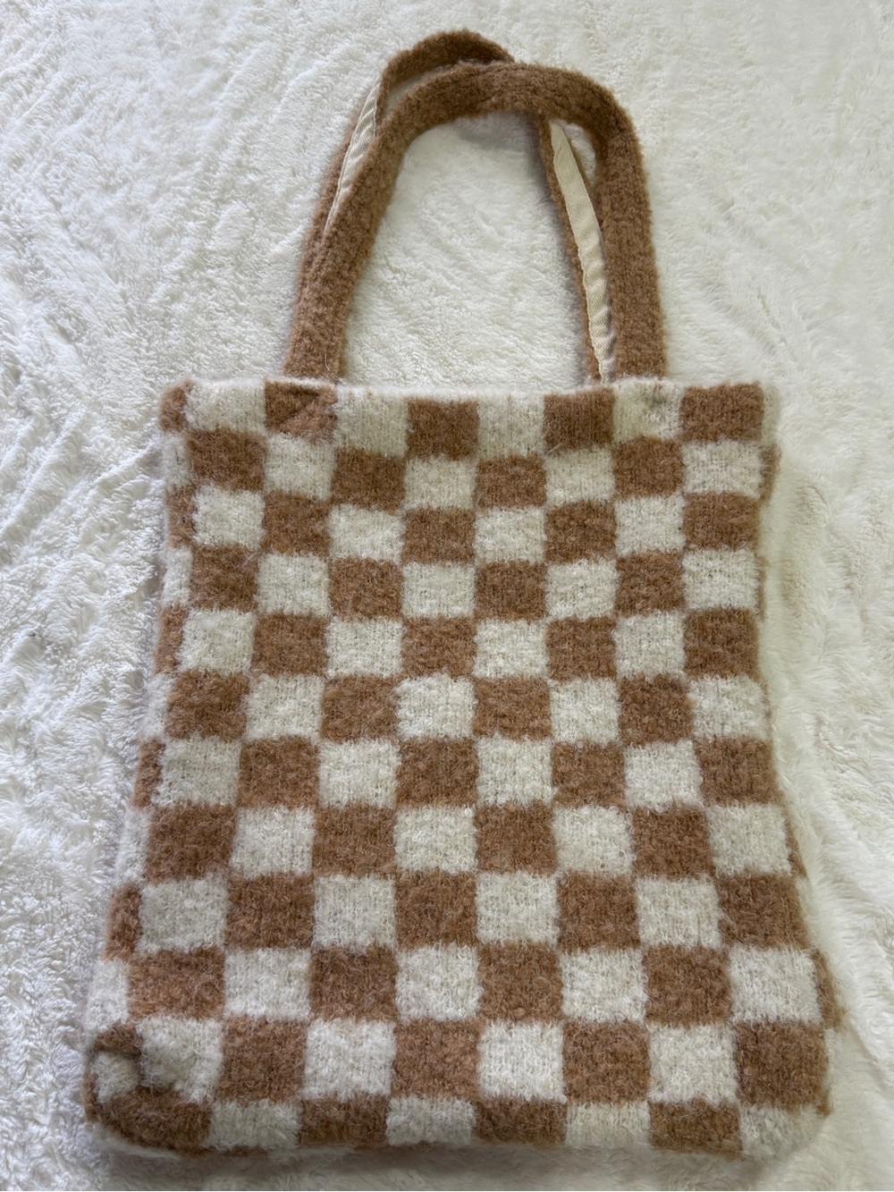 Free People Cozy Checkered Knit Tote Bag | Soft Fuzzy Neutral Bookbag Market - Picture 3 of 11